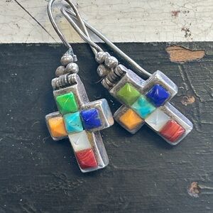 Vintage Taxco Sterling Silver Navajo Multi Stone Cross Earrings
